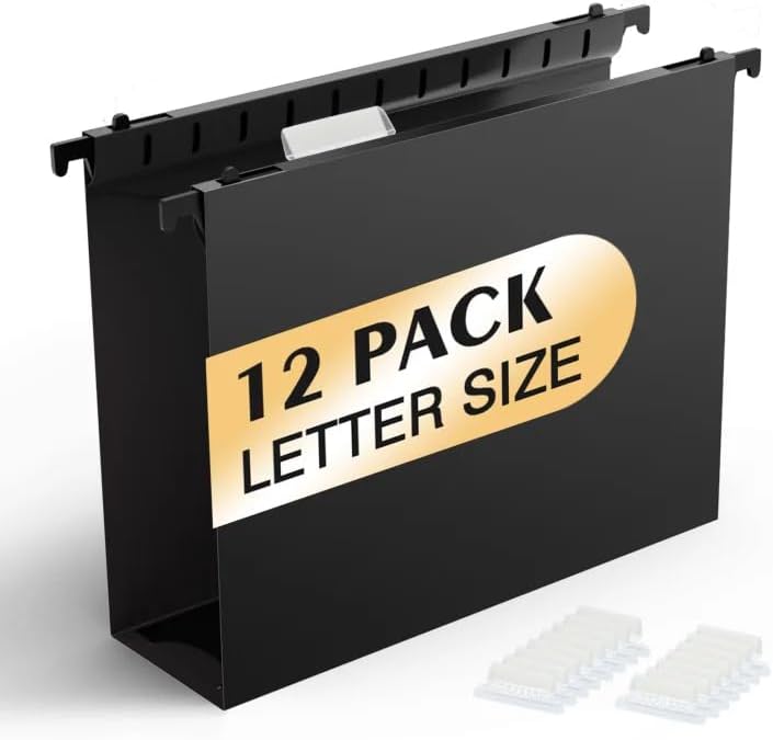 SHUTEX Extra Capacity Plastic Hanging File Folders,12 Pack Reinforced Hang Folders,Heavy Duty 2 Inch Expansion,Plastic Filing Cabinet Folders,Letter Size,Designed for Bulk Files, Medical Charts,Black - Image 1